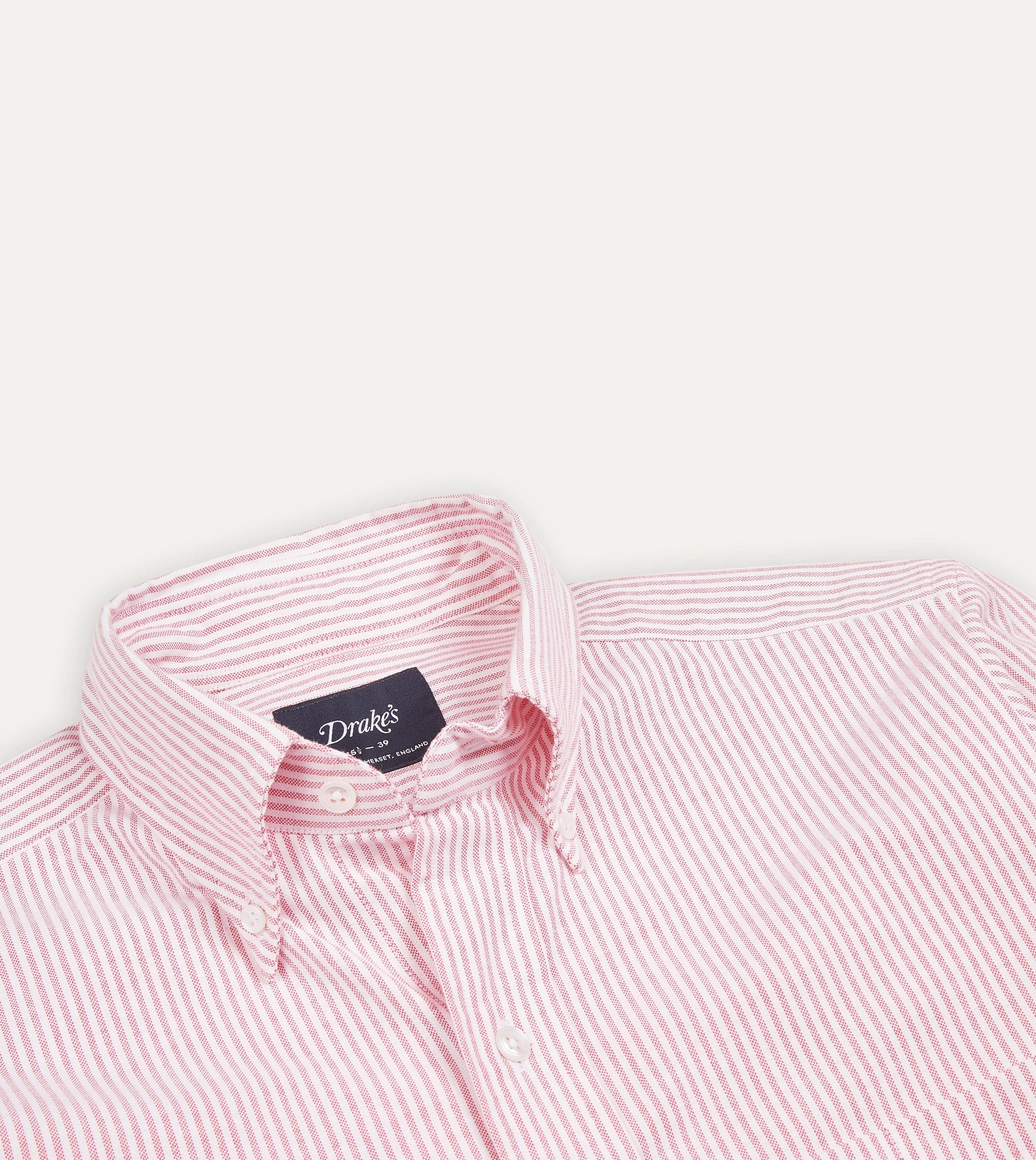 V-neck style Pink Ticking Stripe Cotton Oxford Cloth Button-Down Shirt