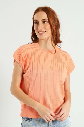 Tear Resistant Zig-Zag Yoke Pointelle Grown On Sleeve Tee - Light Coral