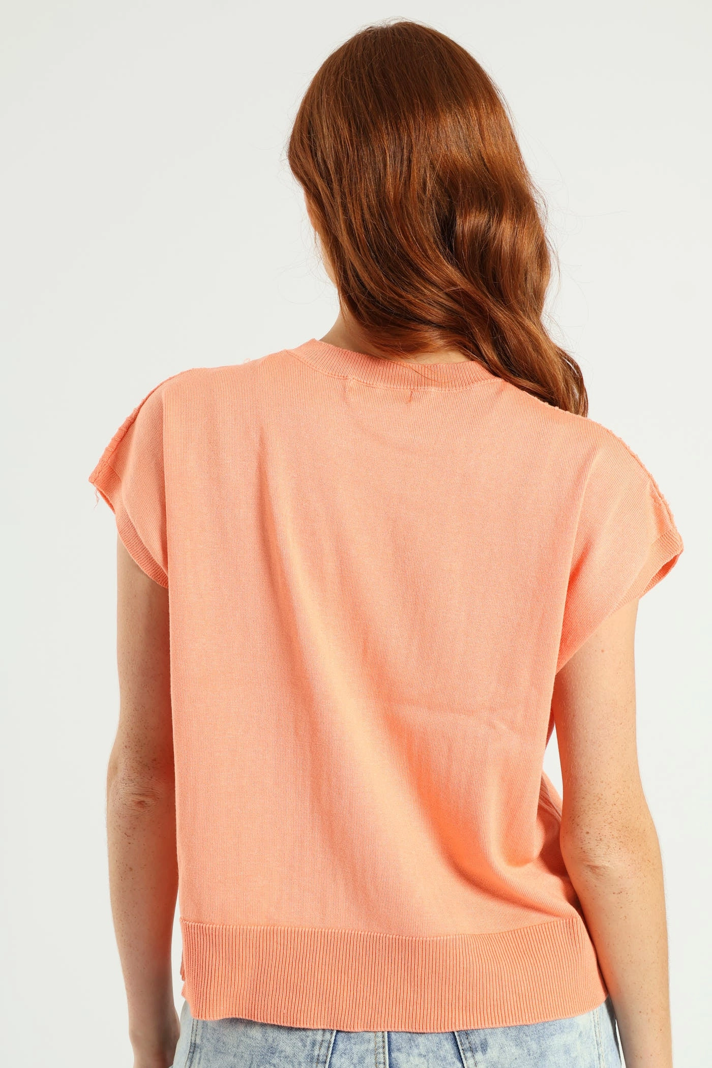 AntiStaticFabric Zig-Zag Yoke Pointelle Grown On Sleeve Tee - Light Coral