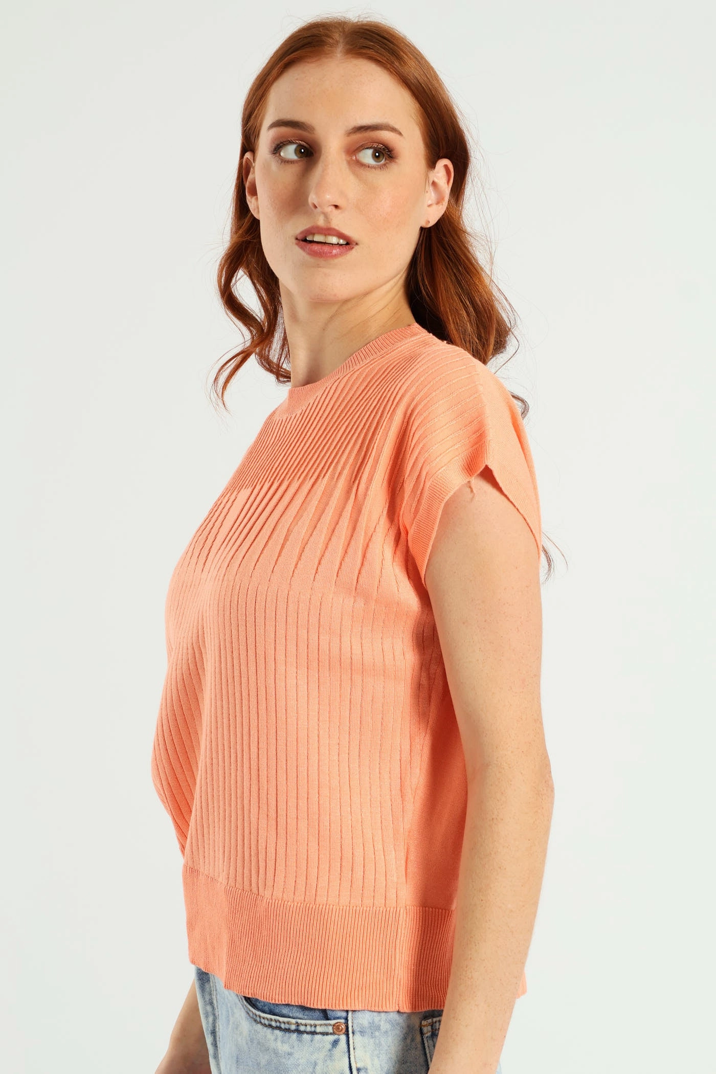 Cozy Knit Zig-Zag Yoke Pointelle Grown On Sleeve Tee - Light Coral