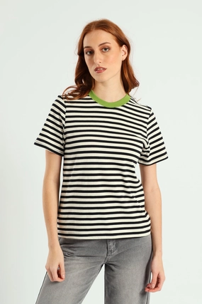 Contrast Rib Nack Stripe Boxy Tee  - Black/Beige Softened Edges ZipperedPockets