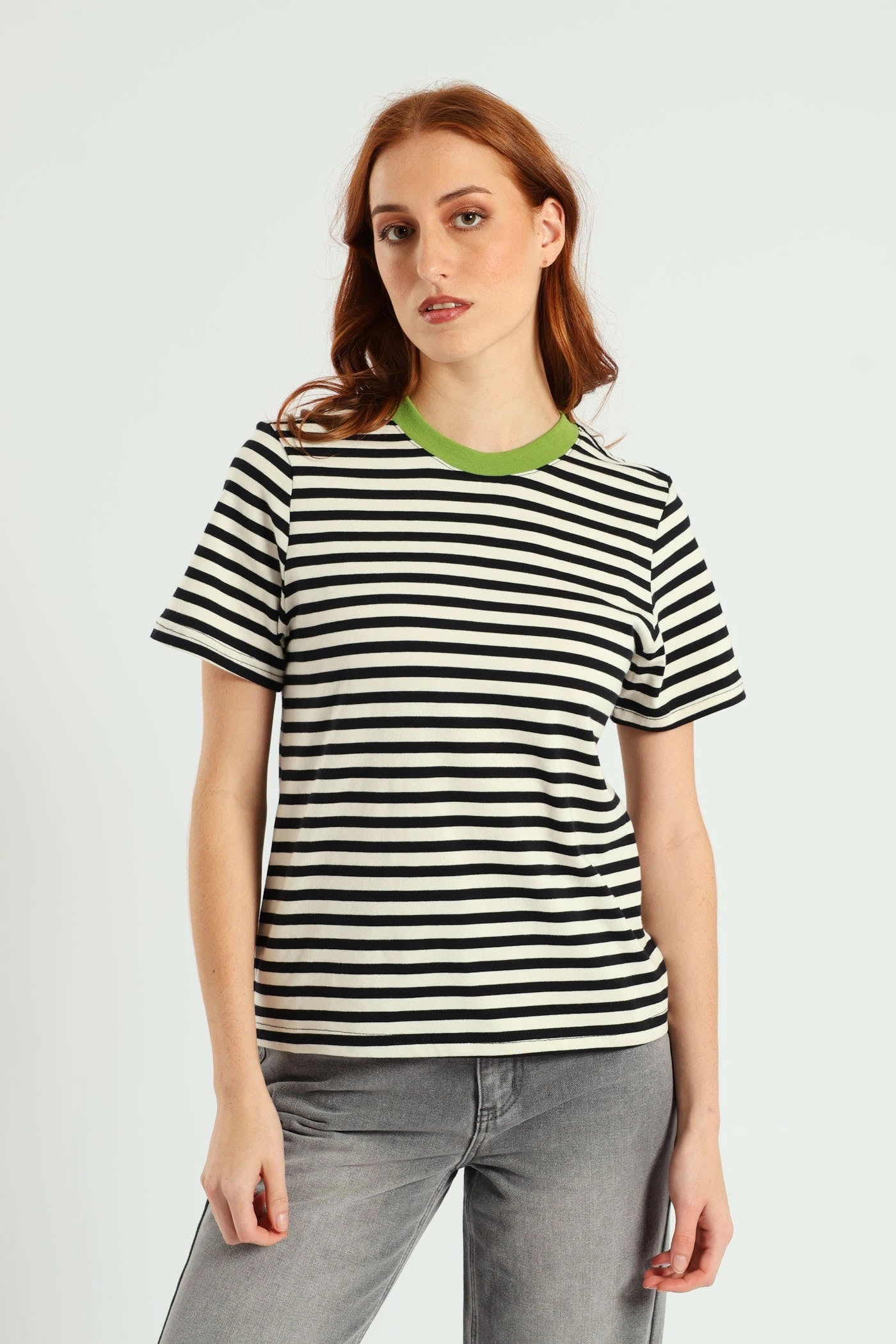 Contrast Rib Nack Stripe Boxy Tee  - Black/Beige Roll Up Sleeve Design