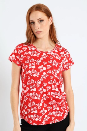 Foldable Cuff Design Two Tone Floral Pocket Tee - White/Red