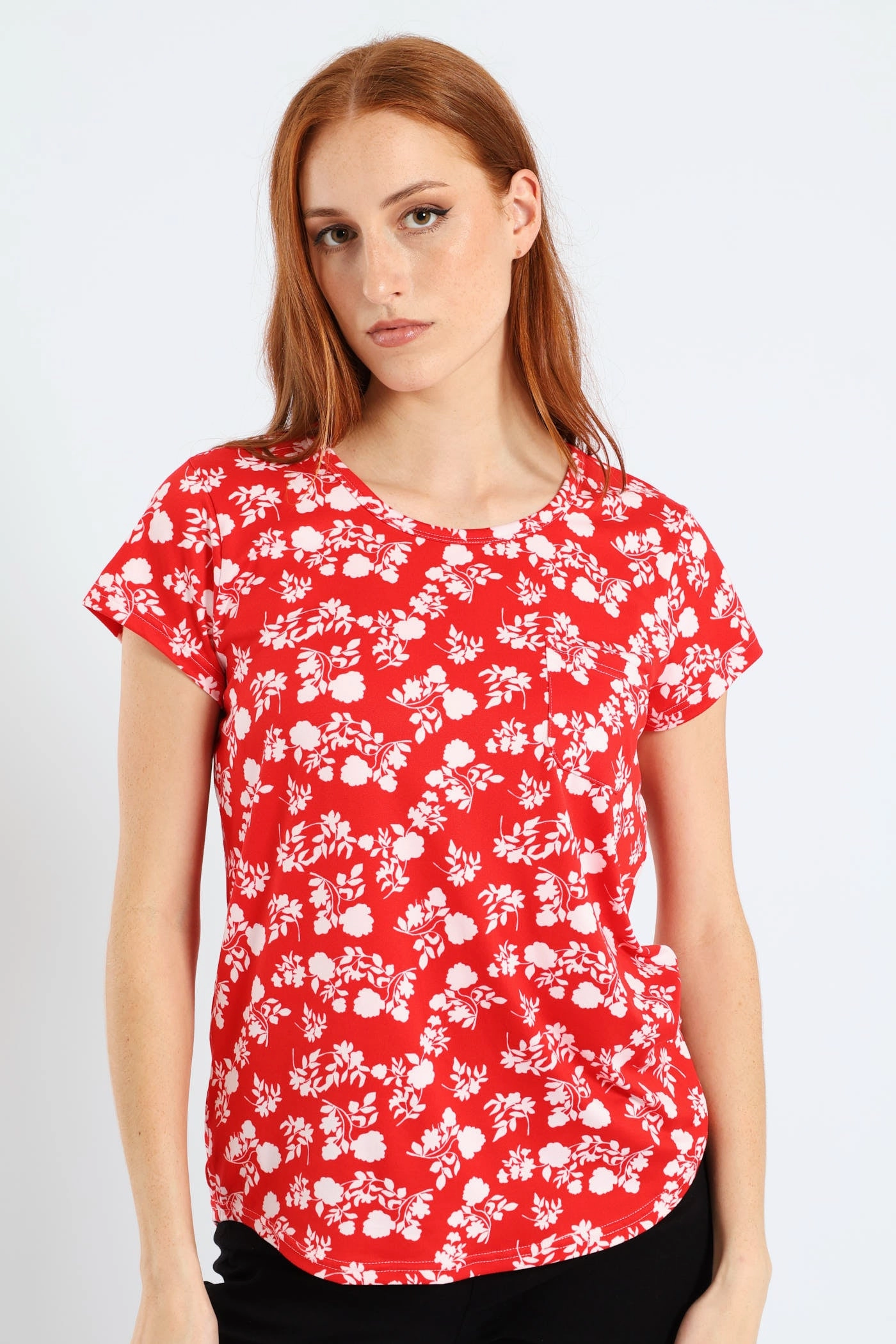 Foldable Cuff Design Two Tone Floral Pocket Tee - White/Red