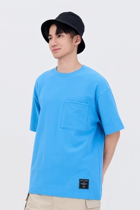 Reinforced Neckline Detail Layered Ply Construction (C) Oversized Waffle Jersey Tee - Dusty Blue