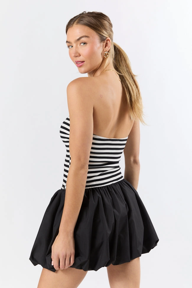 Moments Like This Black and White Striped Bubble Hem Dress FINAL SALE Flowy-Shape Feminine off-the-shoulder gown