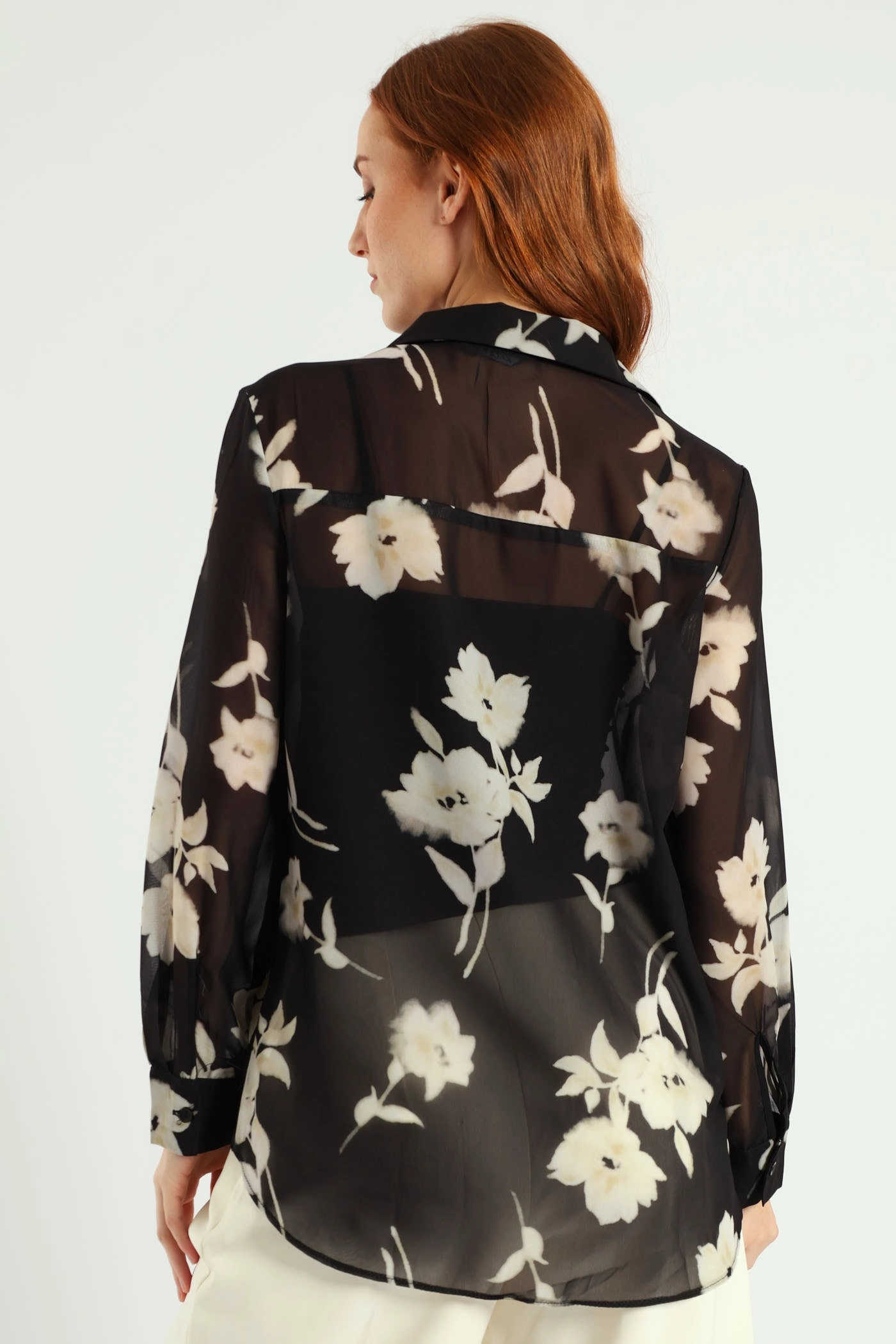 No Iron Fabric Monochrome Bold Floral Chiffon Shirt - Black