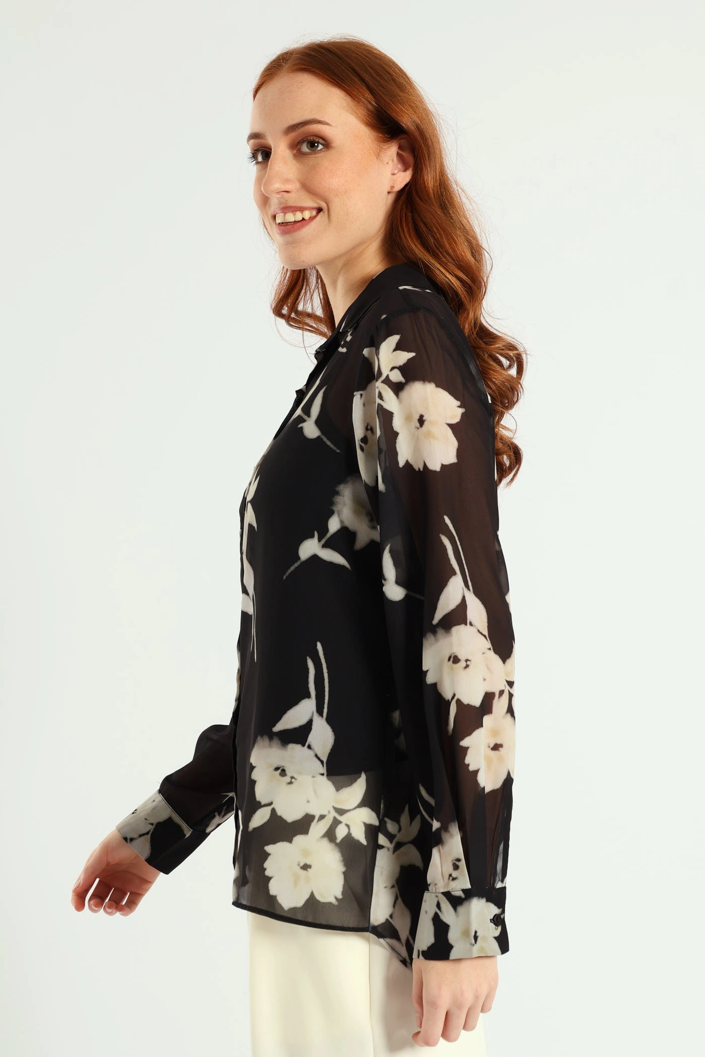 Monochrome Bold Floral Chiffon Shirt - Black Quick-Dry Fabric