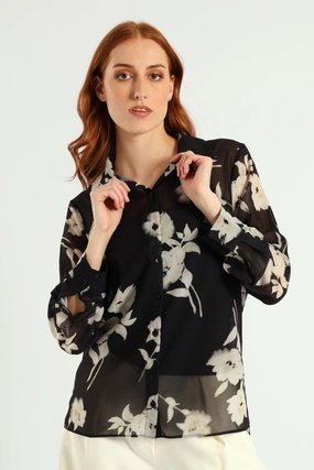 Non Irritating Seam Finish Monochrome Bold Floral Chiffon Shirt - Black