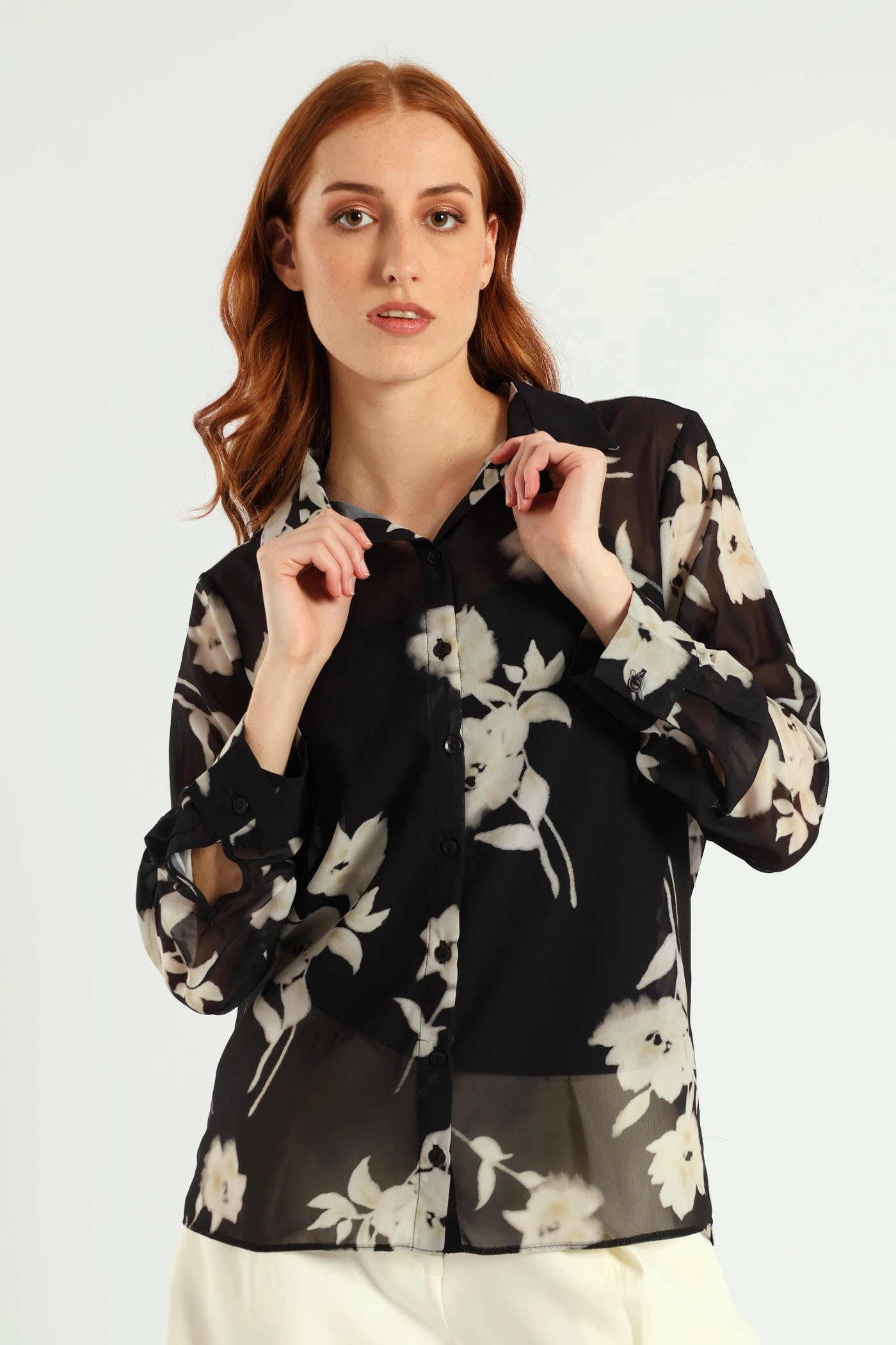 Non Irritating Seam Finish Monochrome Bold Floral Chiffon Shirt - Black