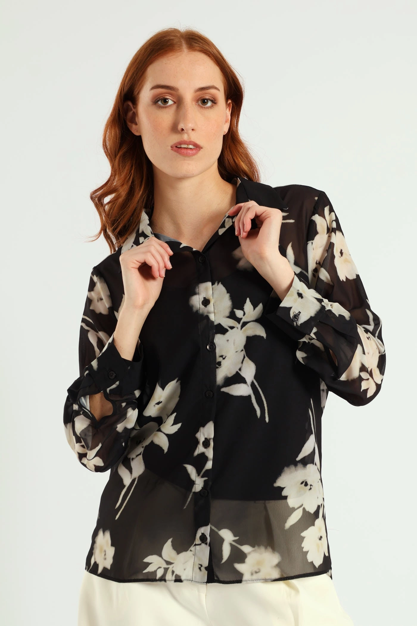 ReinforcedArmholes Heat Regulating Fabric Monochrome Bold Floral Chiffon Shirt - Black