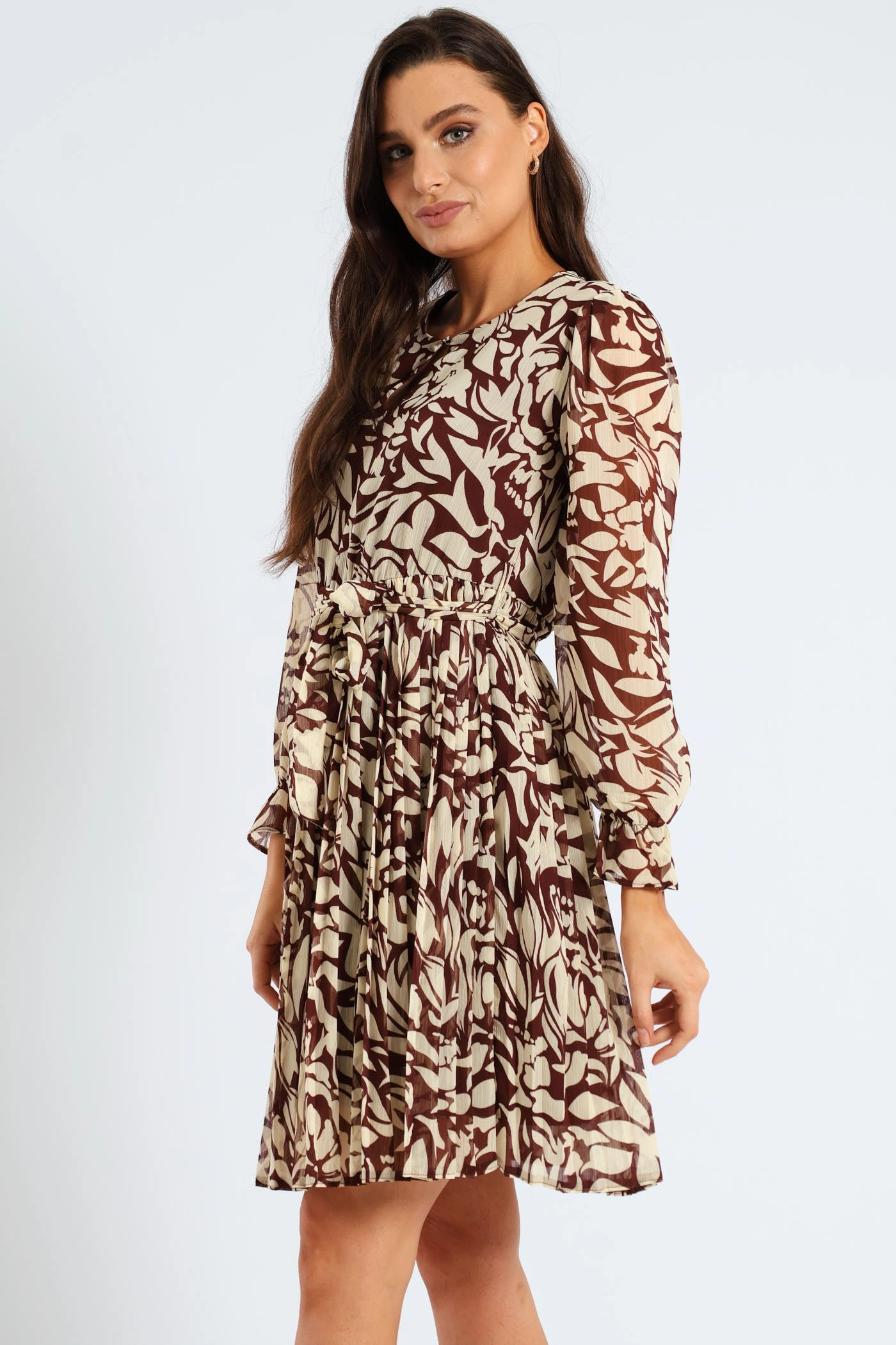 Monomchrome Pleated Keyhole Tea Dress - Bitter Chocolate Jewel Accent Urban Light