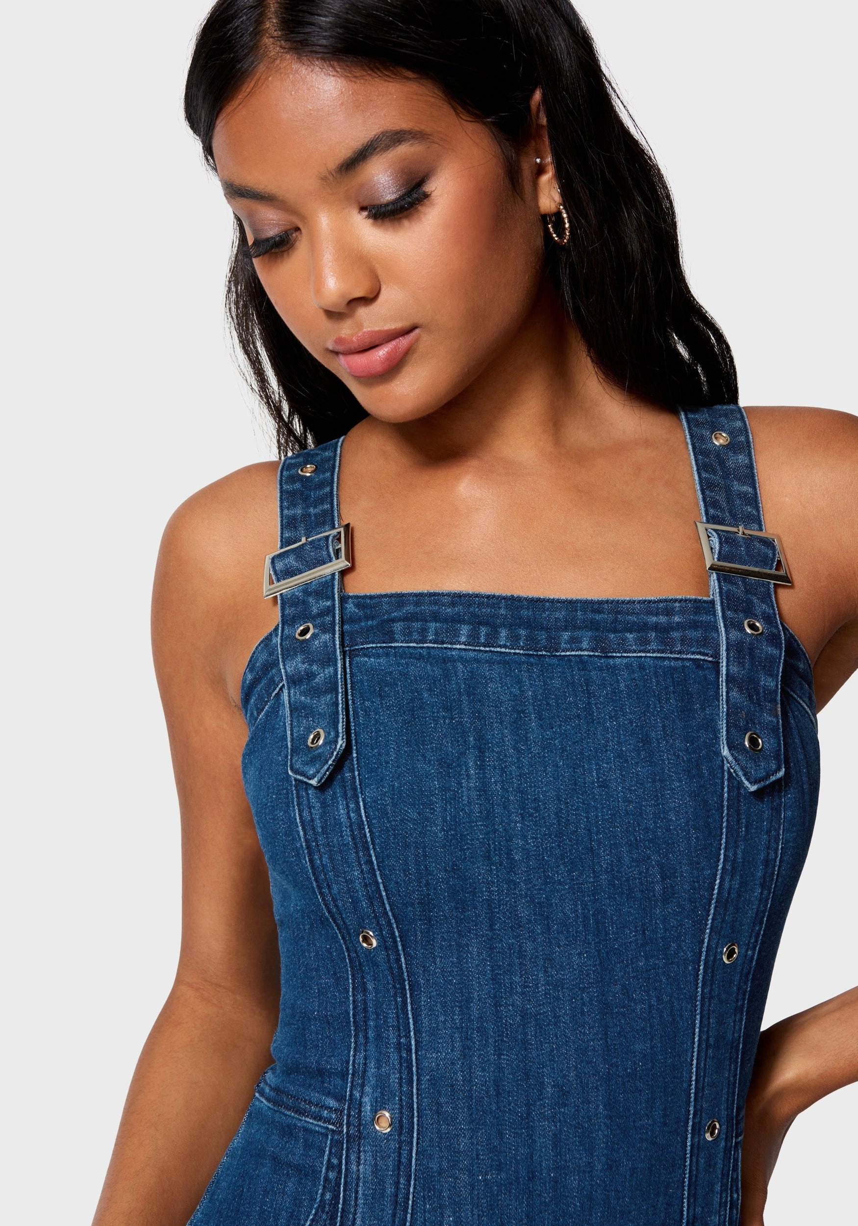 Breathable Layering Multi Band Detail Denim Dress
