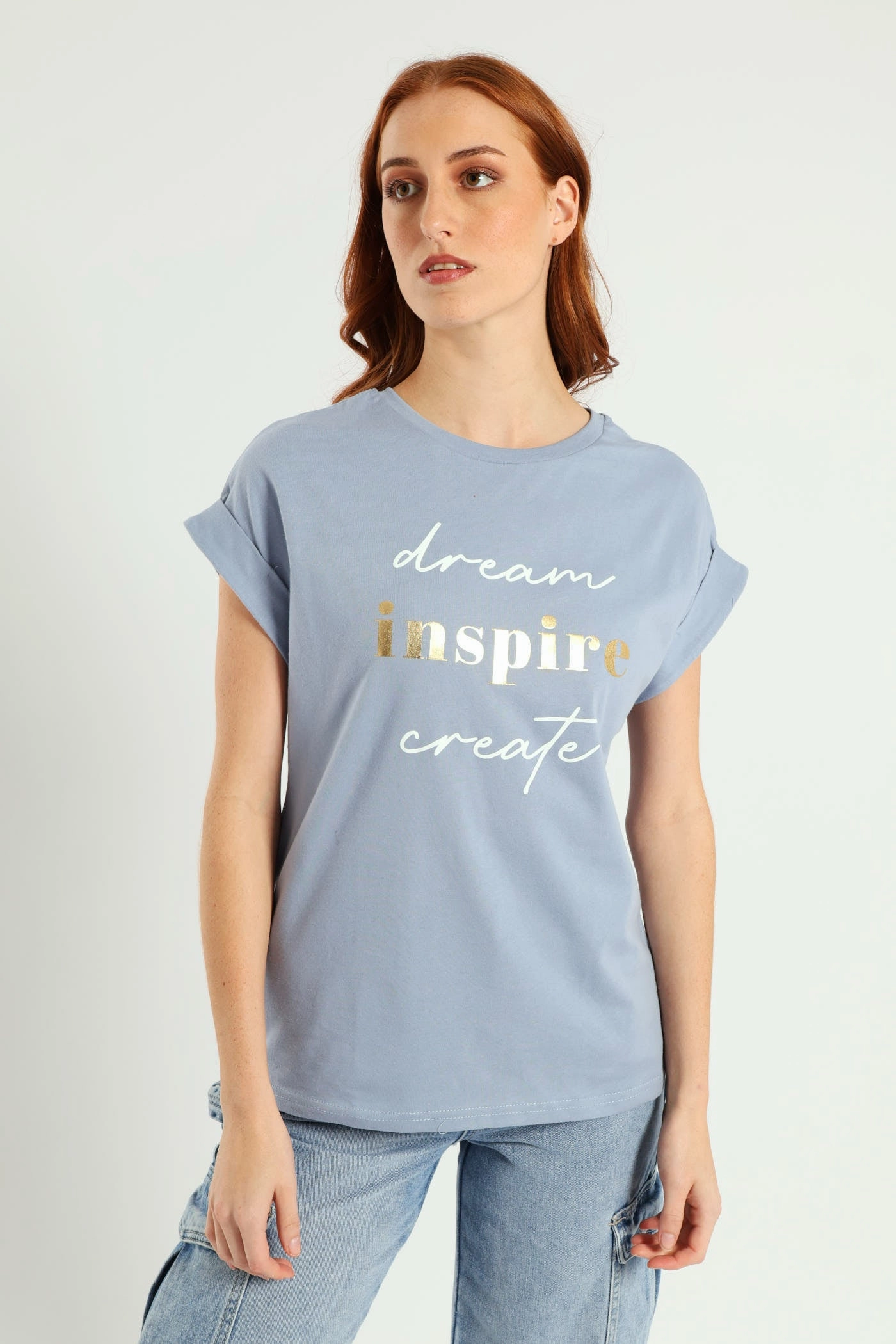 Dream Create Inspire Foil Muscle Tee - Pale Blue Recycled Polyester Material