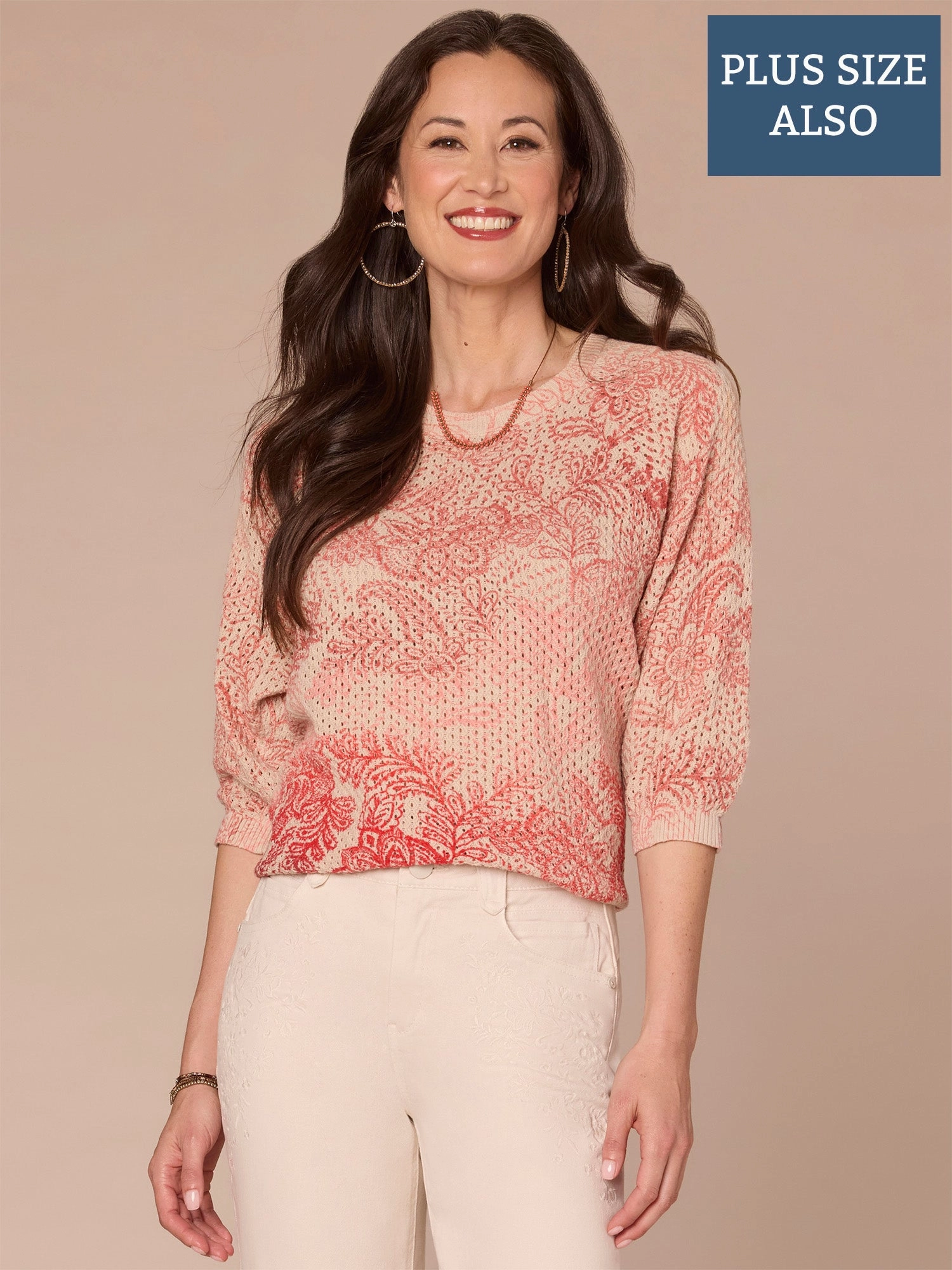 Relaxed Comfort Design Relaxed Comfort Wear Dolman Sleeve Round Neck Printed Plus Size Sweater