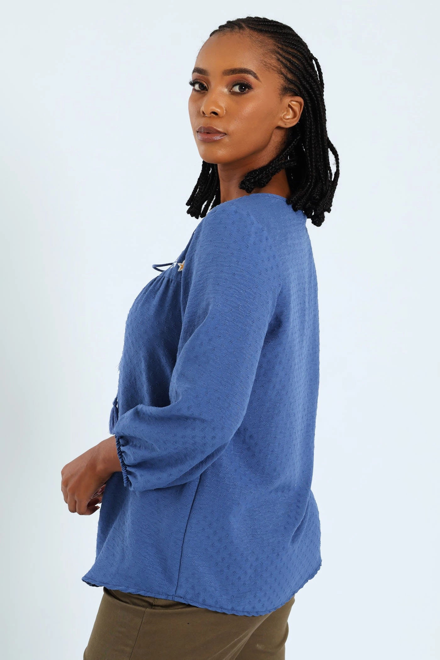 3/4 Embroidered Jacquard Blouse - Mid Blue Moisture Control Lining