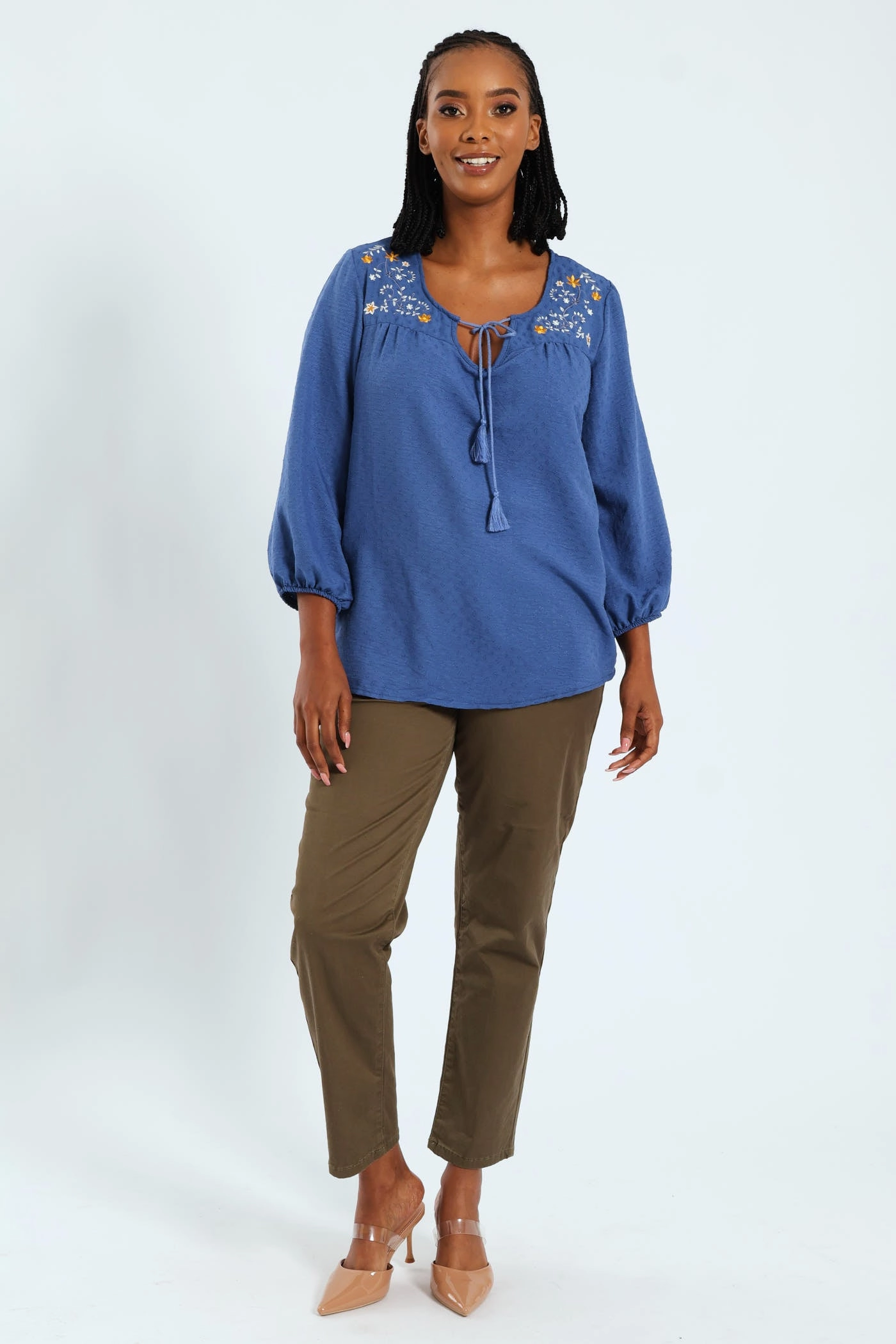 Organic Cotton Fiber 3/4 Embroidered Jacquard Blouse - Mid Blue