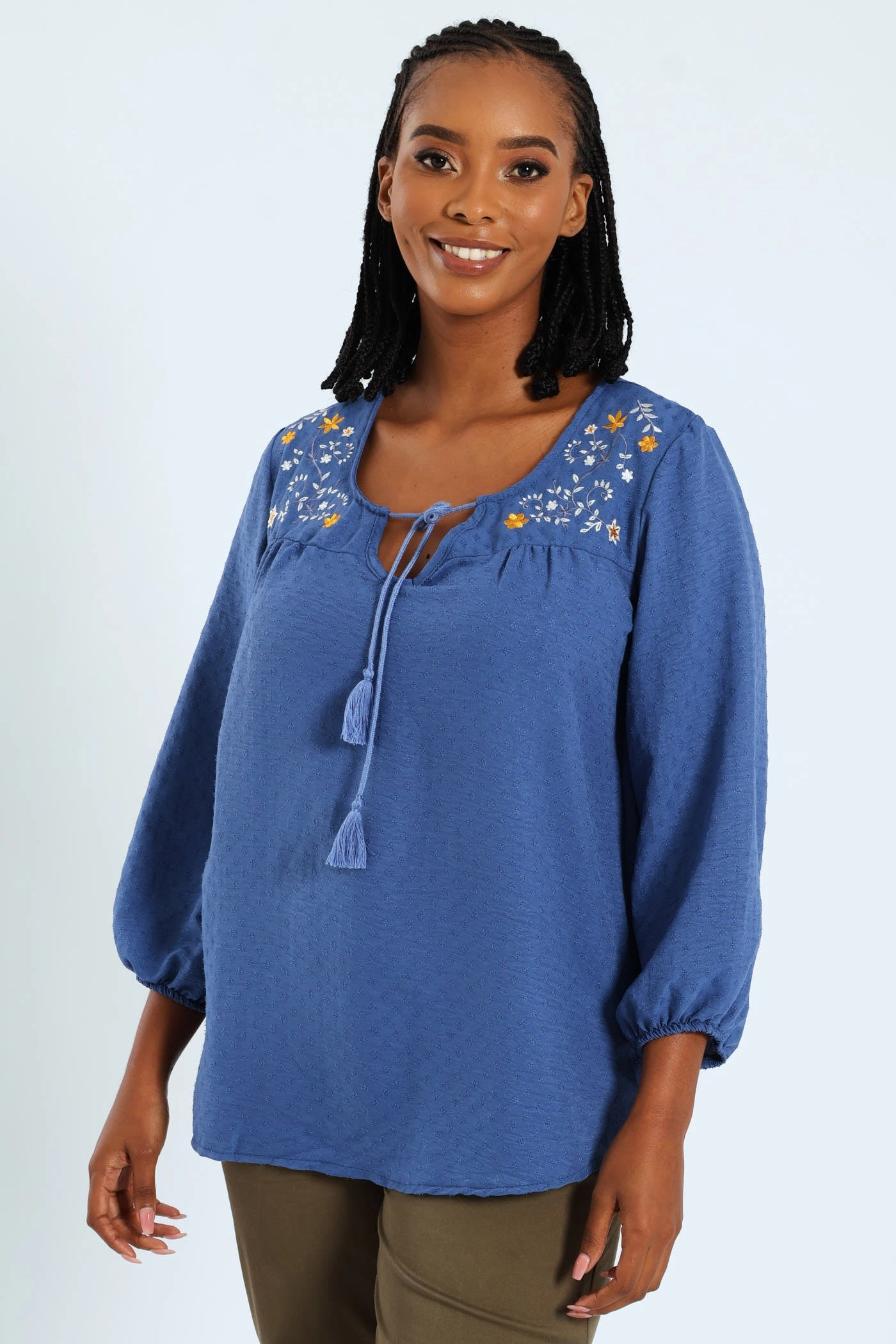 3/4 Embroidered Jacquard Blouse - Mid Blue Layered Neckline Recycled Polyester