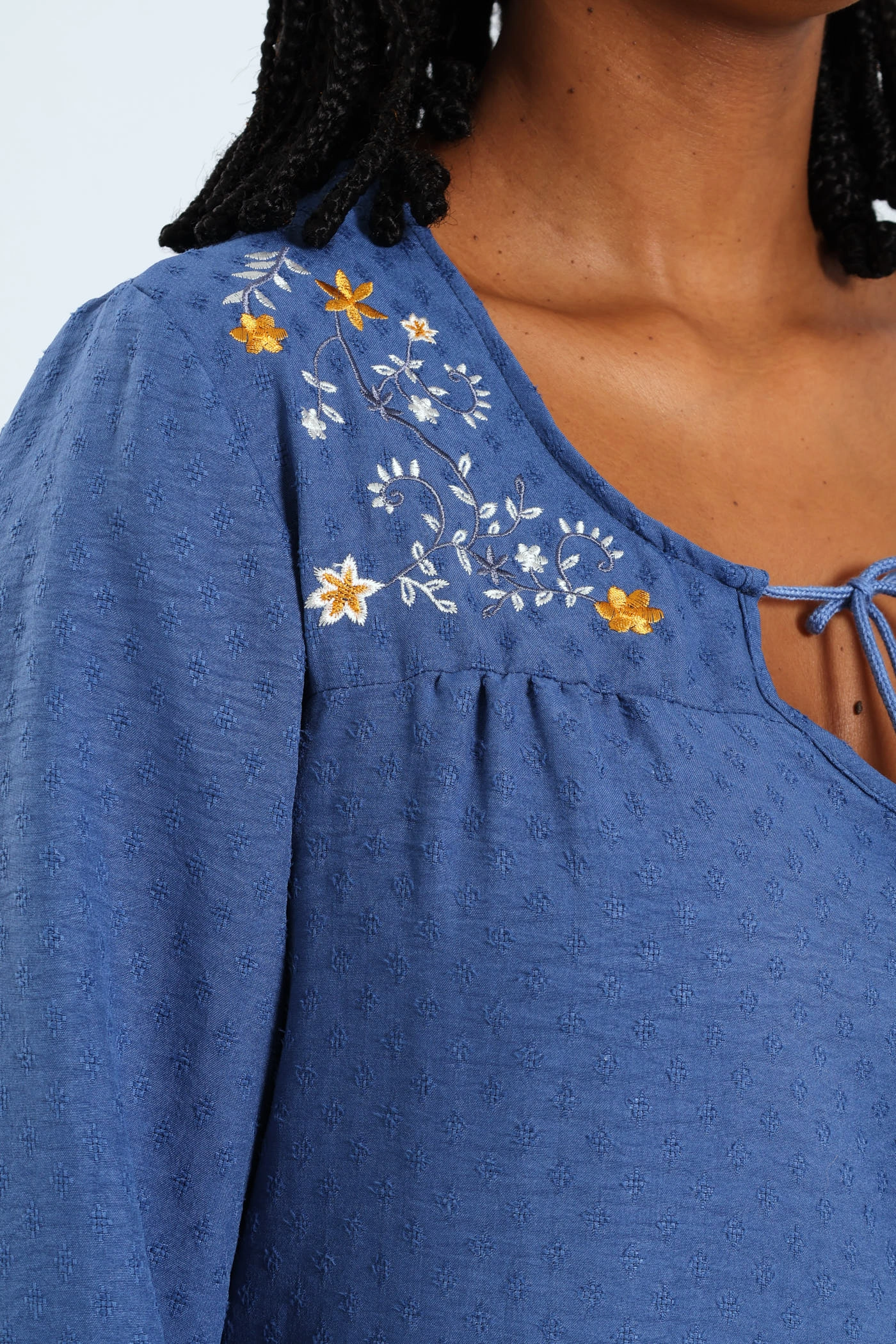 Cozy Blouse CrewNeck 3/4 Embroidered Jacquard Blouse - Mid Blue