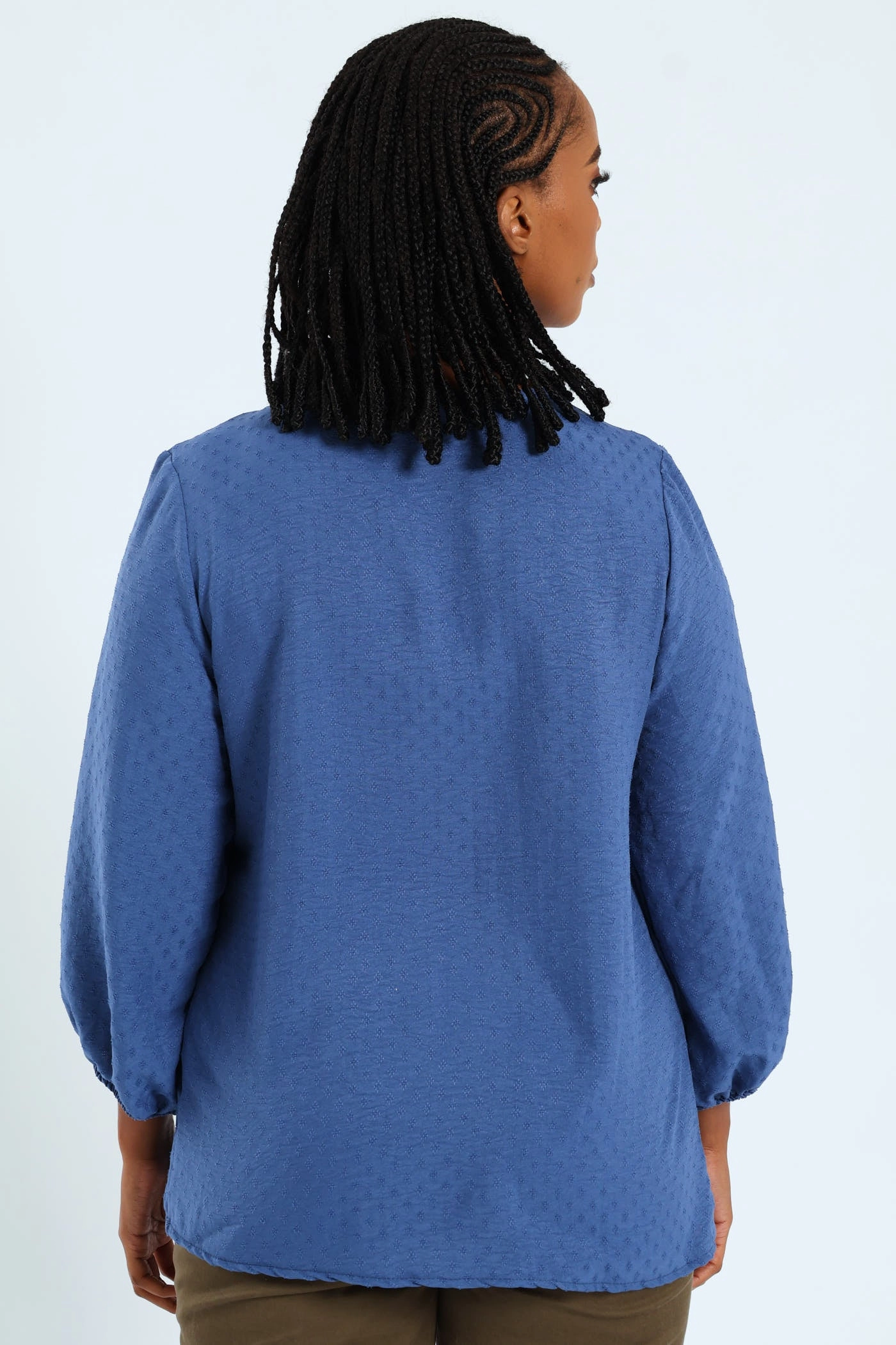 Soft Pullover 3/4 Embroidered Jacquard Blouse - Mid Blue