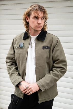 Reinforced Stitching Sporty Casual Metal Logo Canvas Jacket Army