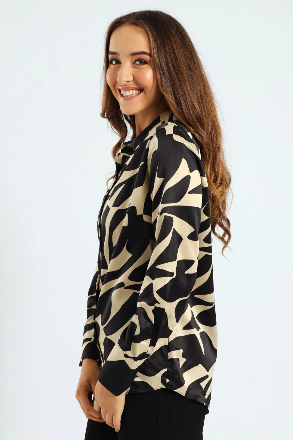 Abstract Monochrome Satin Shirt - Black/Cream Slim Silhouette