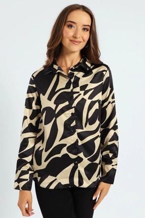 DropShoulderConstruction Soft Knit Abstract Monochrome Satin Shirt - Black/Cream