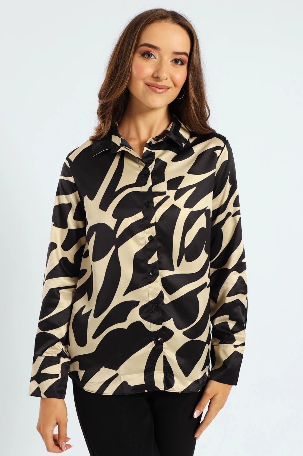 DropShoulderConstruction Soft Knit Abstract Monochrome Satin Shirt - Black/Cream