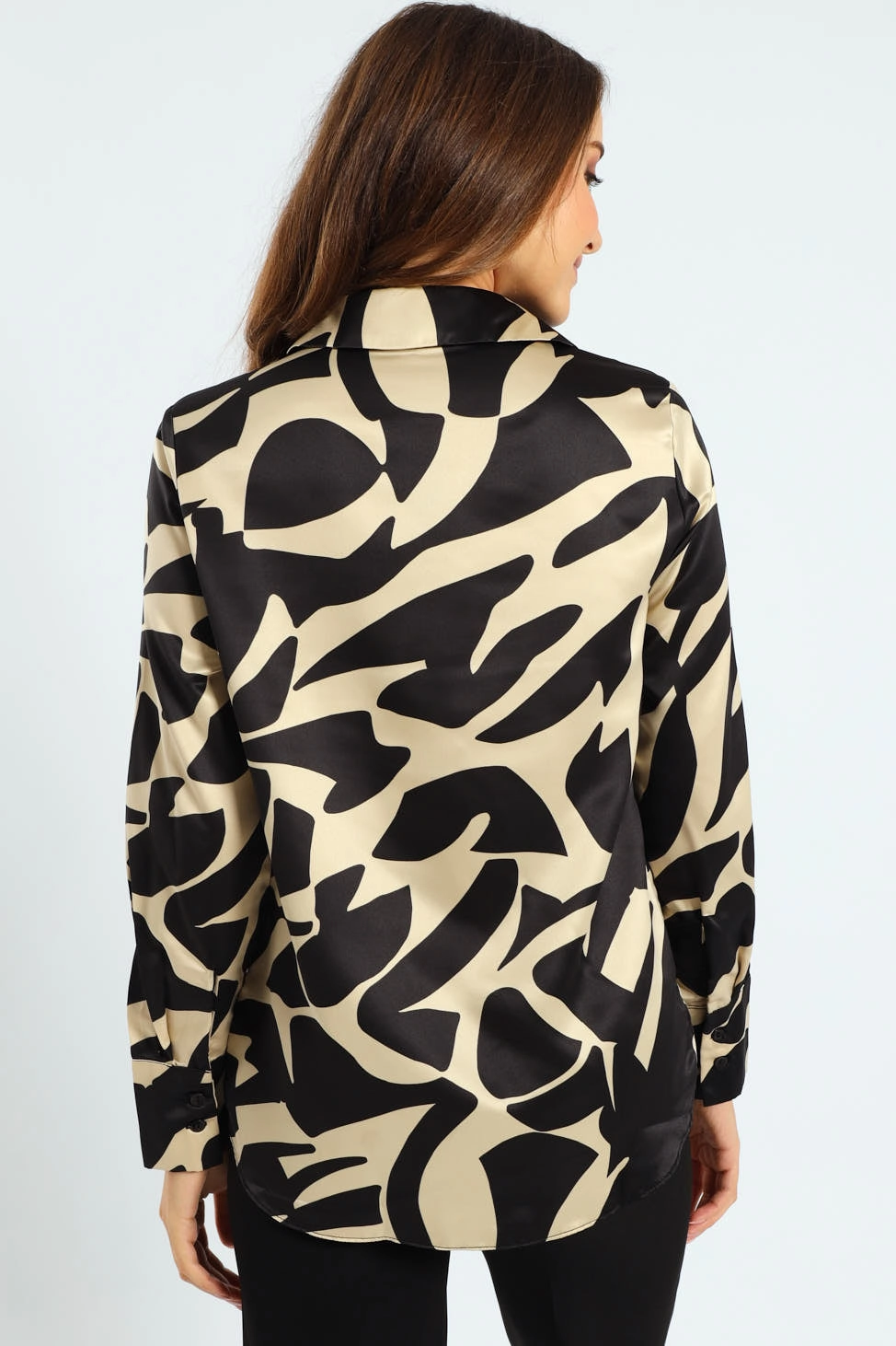 Abstract Monochrome Satin Shirt - Black/Cream FasteningHood LayeredNeckline