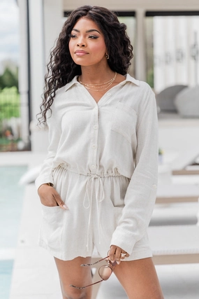 knee-length Breeze Flow My First Pick Ivory Textured Collared Romper FINAL SALE