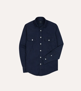 Quick Release Cuffs Navy Cotton Linen Two-Pocket Work Shirt