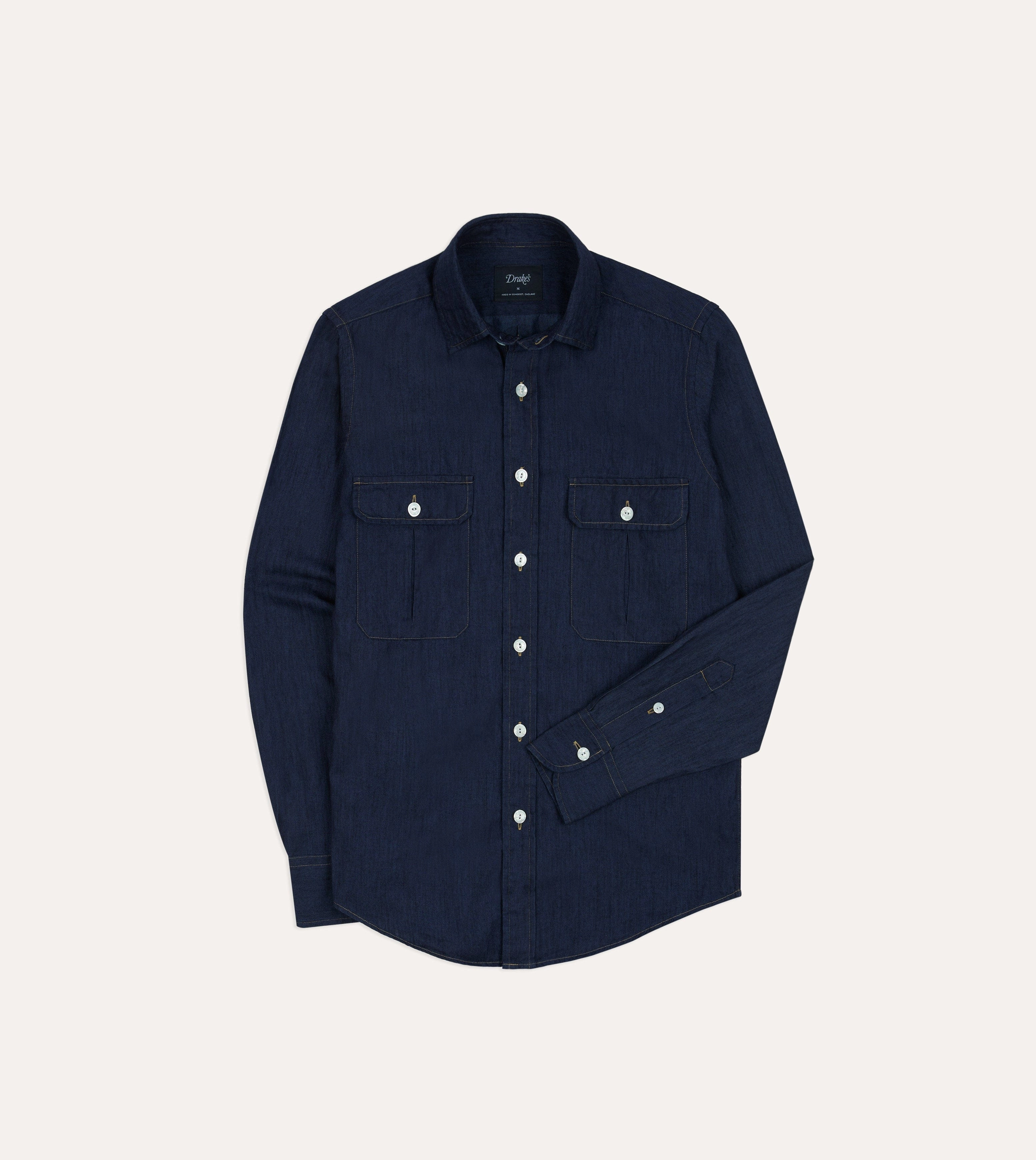 Quick Release Cuffs Navy Cotton Linen Two-Pocket Work Shirt