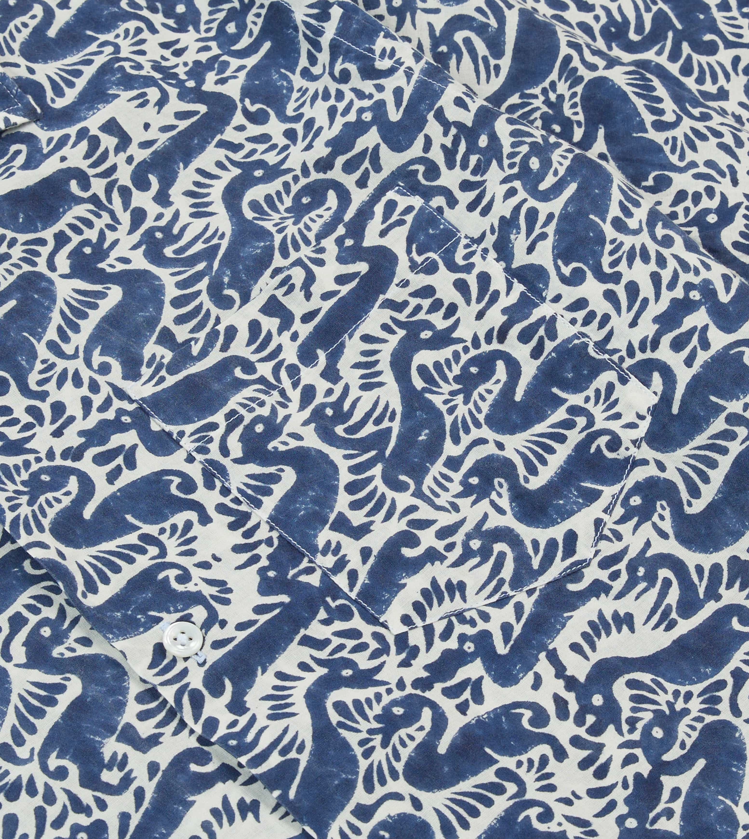 Navy Duck Block Print Cotton Camp Collar Short Sleeve Shirt Sports Ready