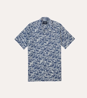 Navy Duck Block Print Cotton Camp Collar Short Sleeve Shirt Non-Iron Business casual