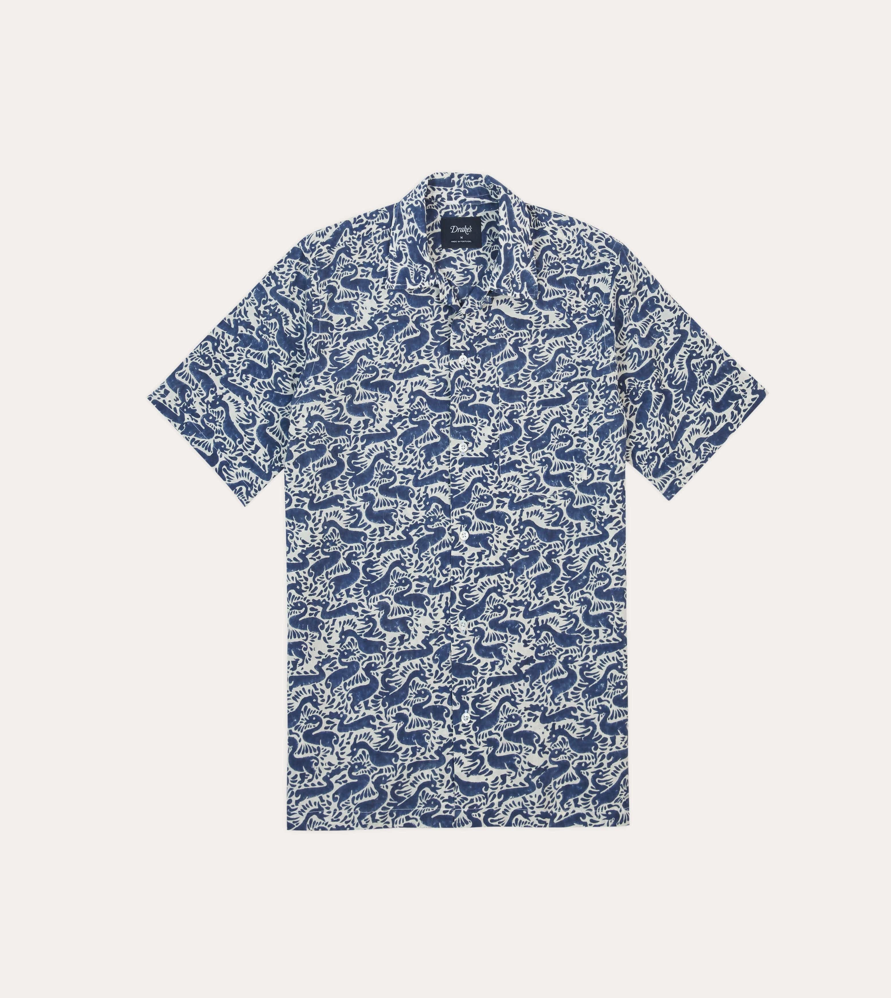 Navy Duck Block Print Cotton Camp Collar Short Sleeve Shirt Non-Iron Business casual