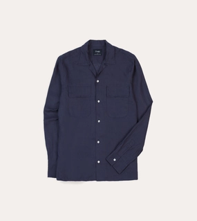 Anti Pilling Treatment Neutral Toned Stitching Navy Linen Camp Collar Long Sleeve Shirt