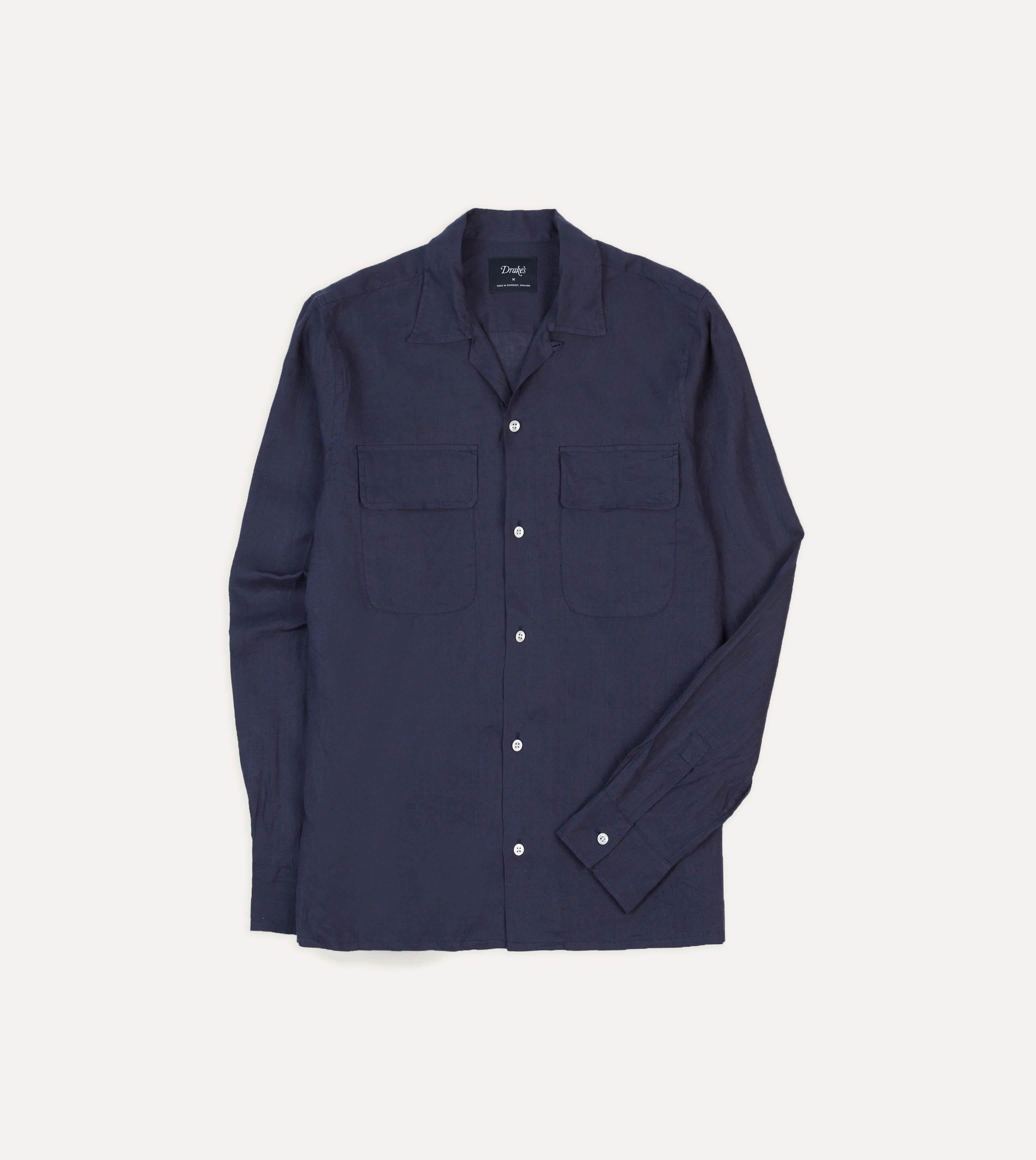 Anti Pilling Treatment Neutral Toned Stitching Navy Linen Camp Collar Long Sleeve Shirt