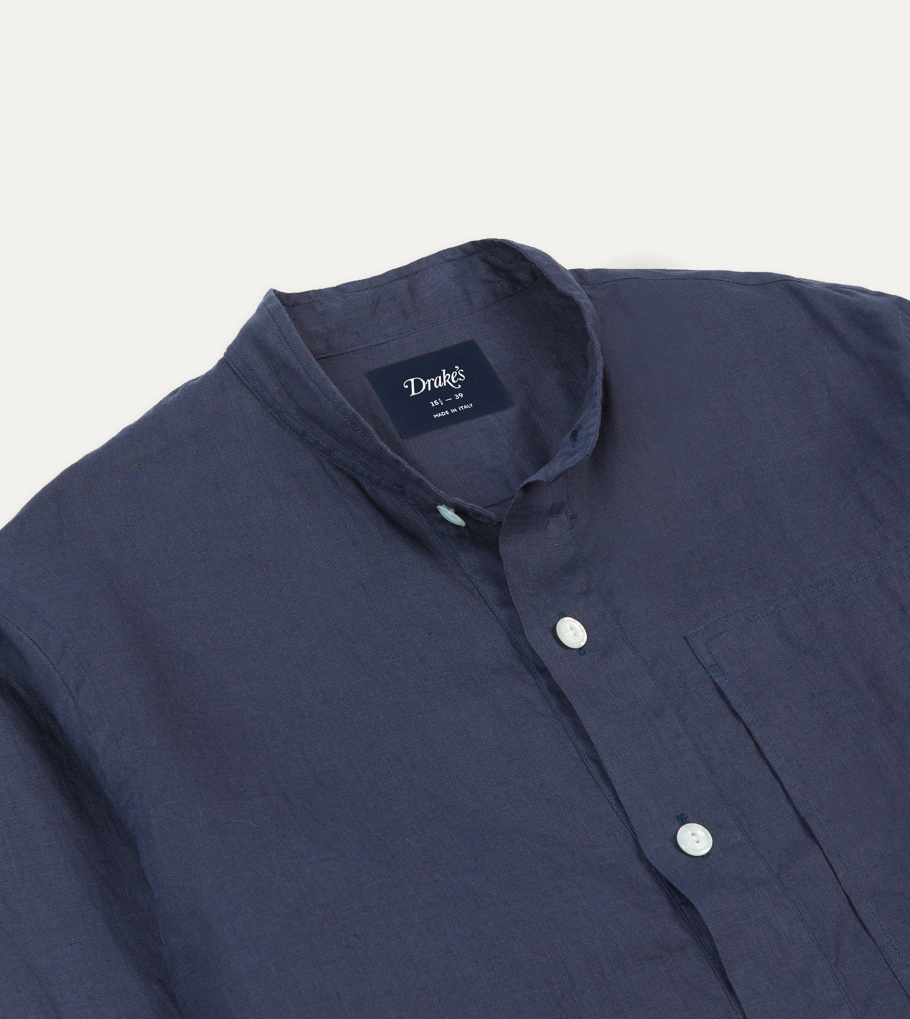 Navy Linen Mandarin Collar Popover Shirt Comfortable fit youth trend