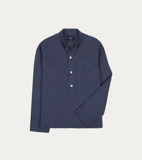 Navy Linen Mandarin Collar Popover Shirt Recycled Polyester Blend