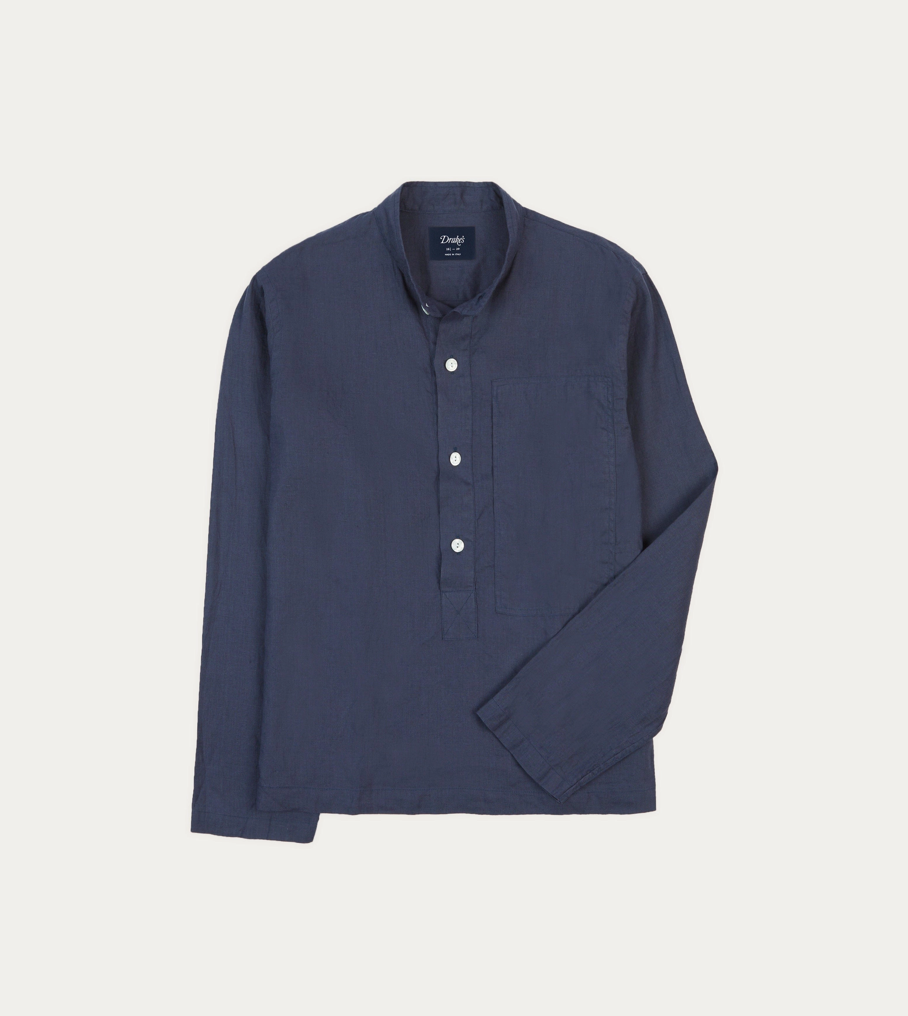 Navy Linen Mandarin Collar Popover Shirt Recycled Polyester Blend