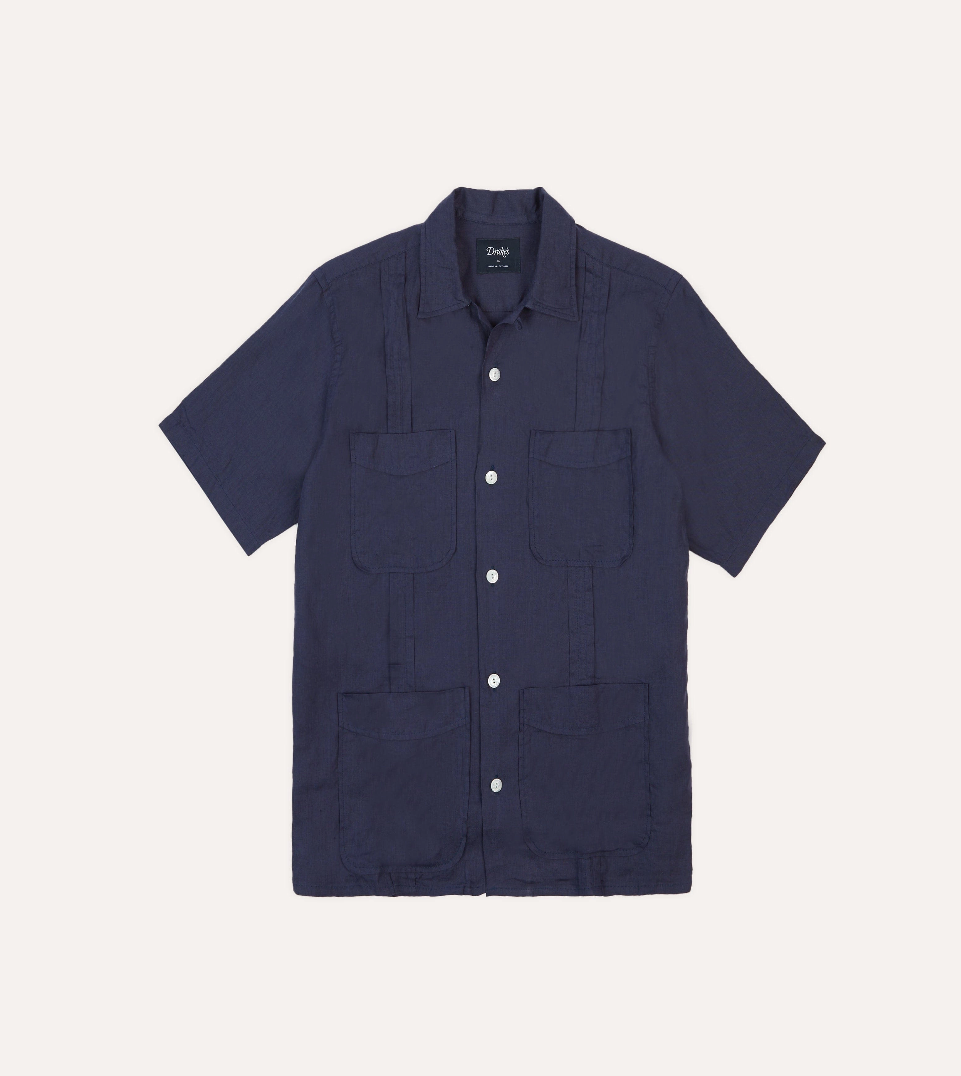 Navy Linen Short Sleeve Cuban Shirt Tailored Style