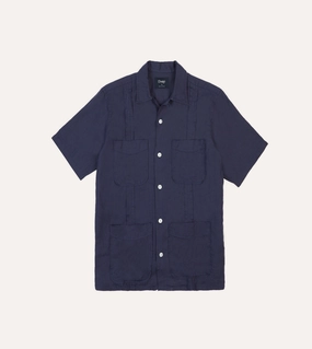 Navy Linen Short Sleeve Cuban Shirt Tailored Style