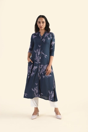 Minimalist Style Neptune Blue Marine Melody Viscose Printed Dress