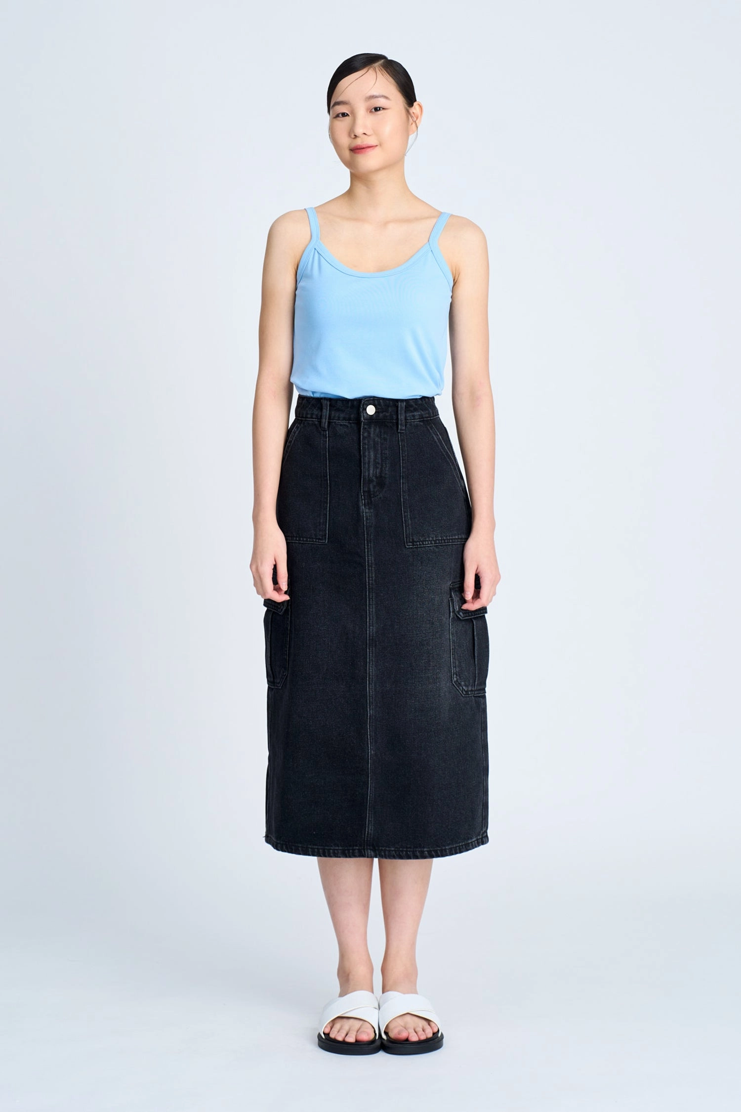 Family Celebration Lightweight Lining Denim Cargo Skirt - Black [AT]