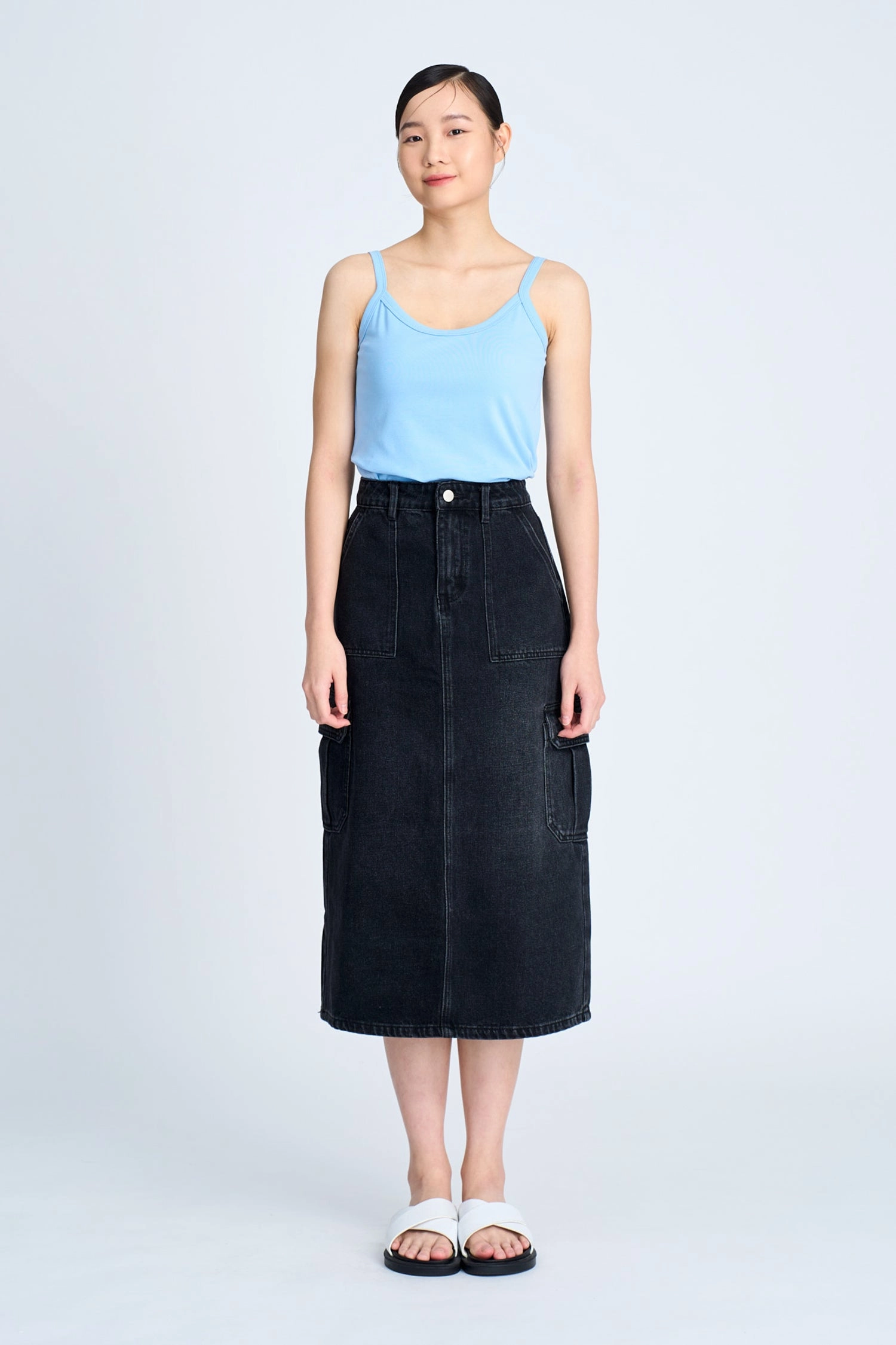 Comfort Wear Adjustable Ties Denim Cargo Skirt - Black [AT]