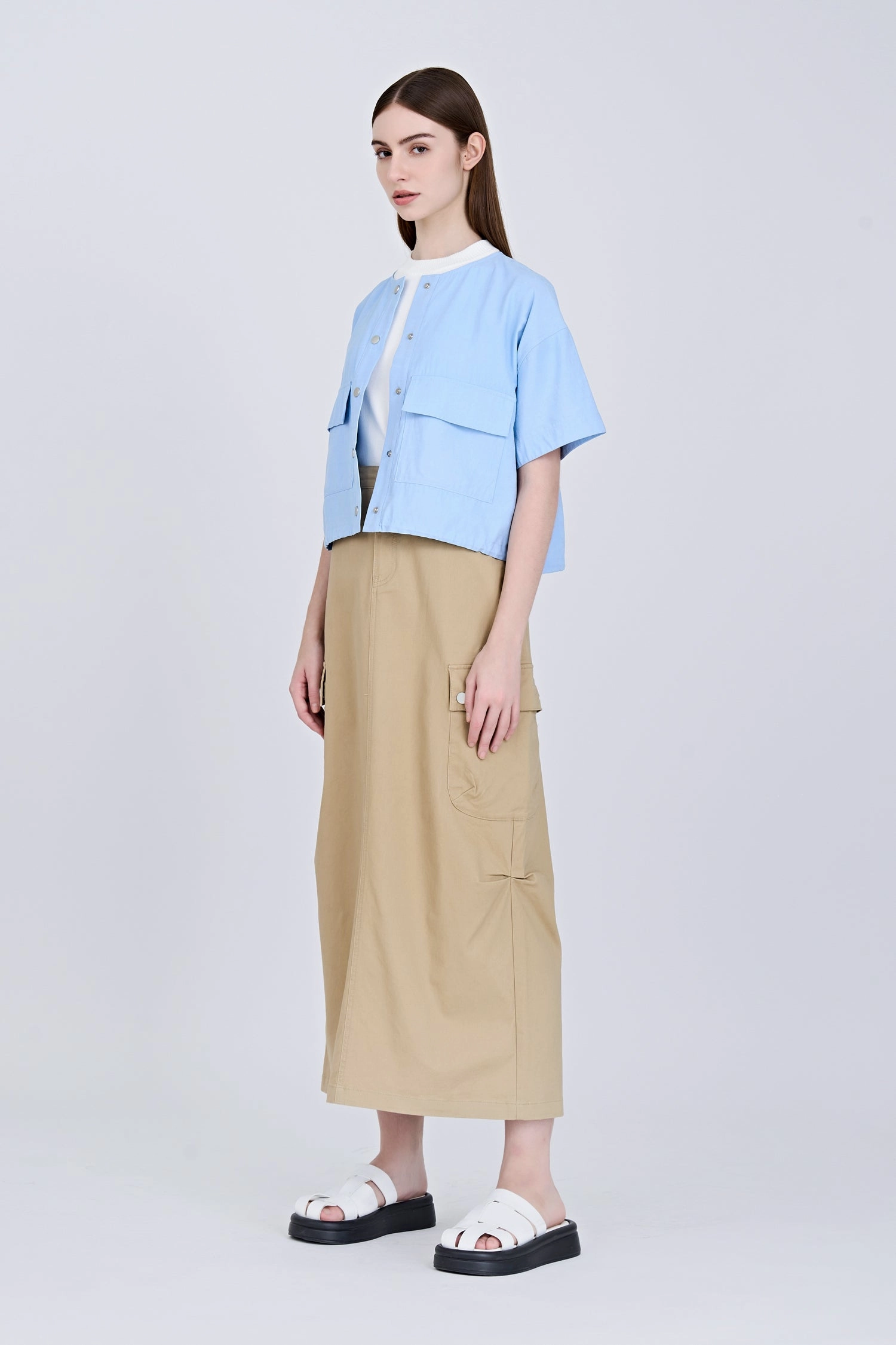 Front Fly Cargo Skirt - Khaki Soft Focus