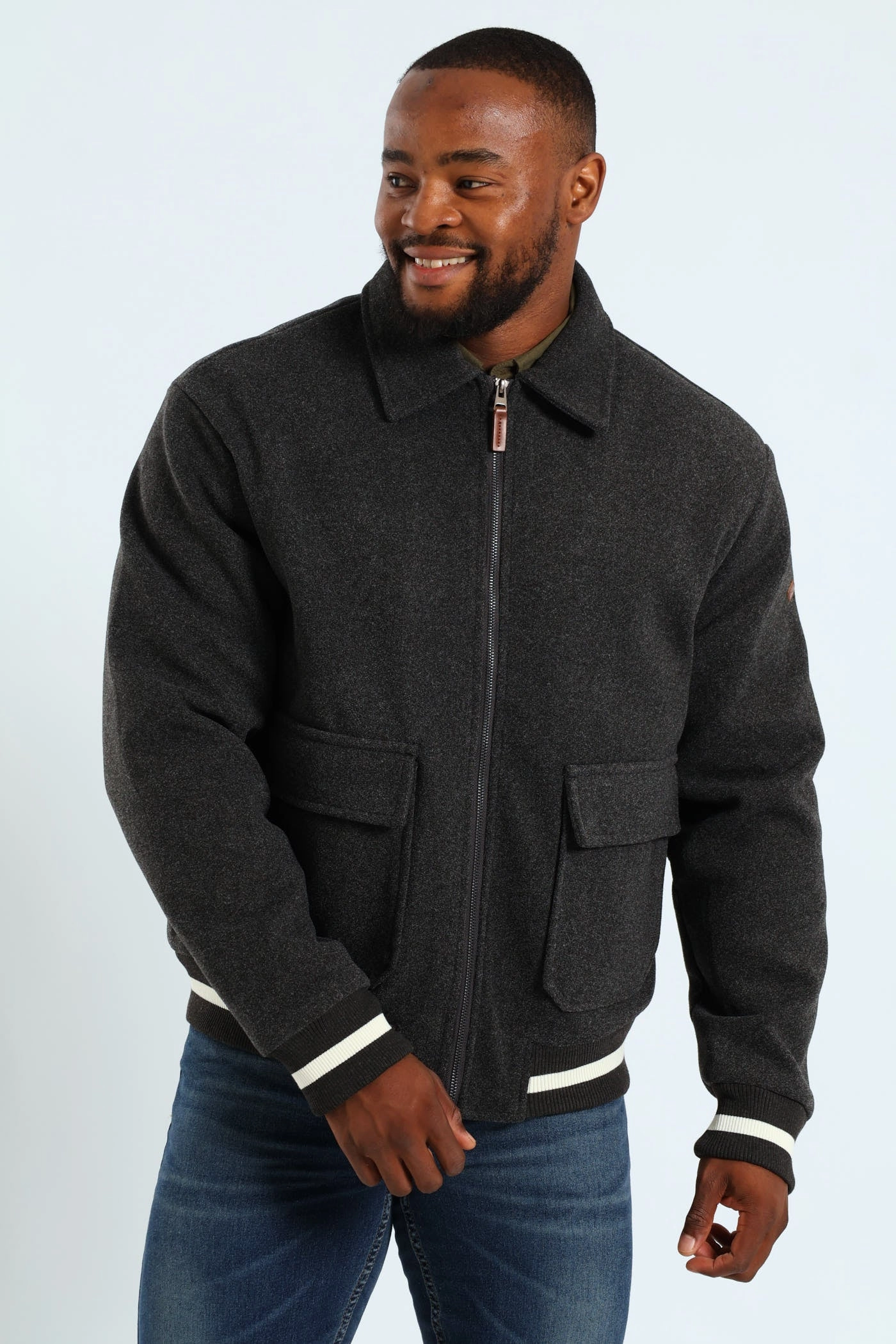 Stand Collar Melton Bomber Jacket - Charcoal