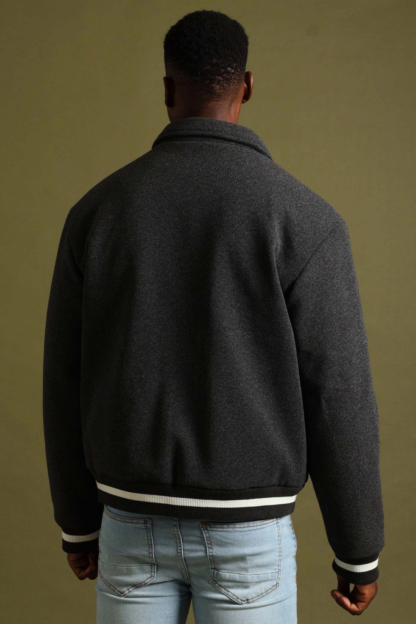 Kangaroo Pocket Soft Fleece Interior Melton Bomber Jacket - Charcoal