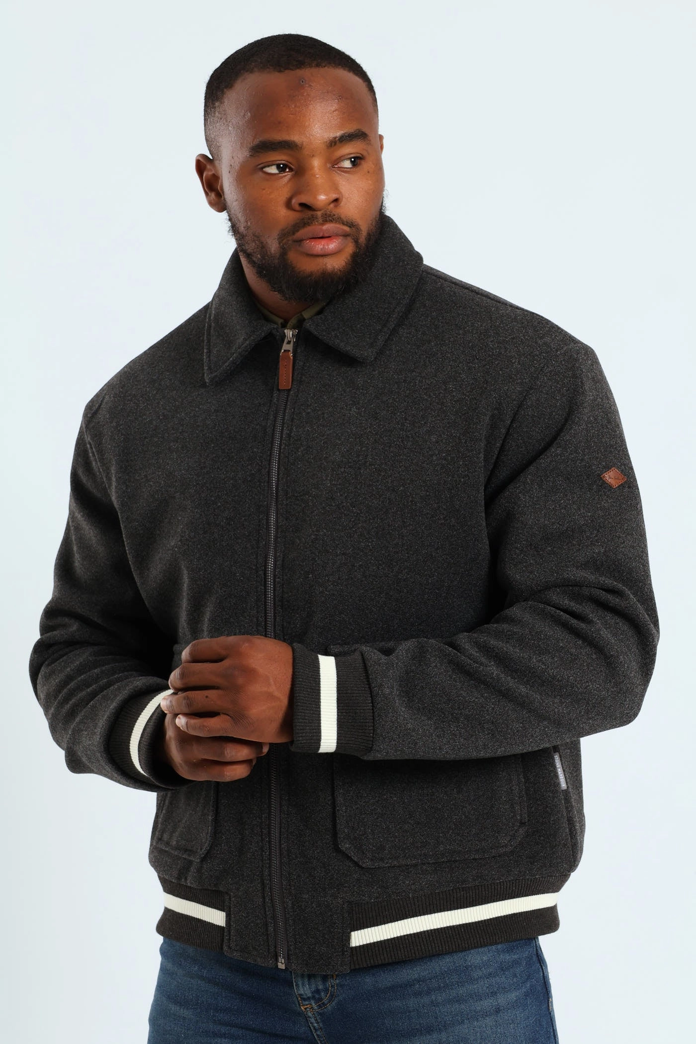 Versatile Layering Melton Bomber Jacket - Charcoal