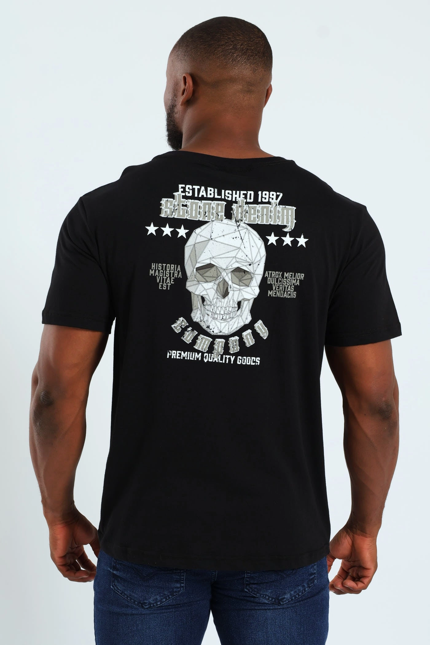 Eye-Catching Stone Denim Skull Front & Back Tee - Black